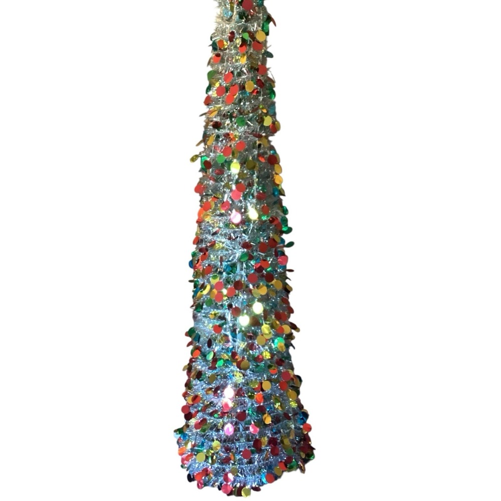6‎ ft Pre-Lit Pop Up Christmas Tinsel Tree Decor Reusable Collapsible Silver NEW